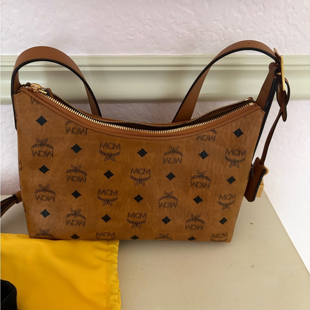 MCM Tan Monogram Bag with Gold Lock